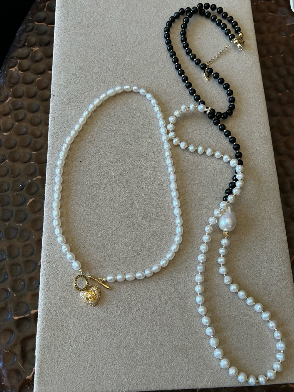 2 Layered Cultured Pearl/Baroque pearl/Black Bead Heart-Lock Necklaces by Farra